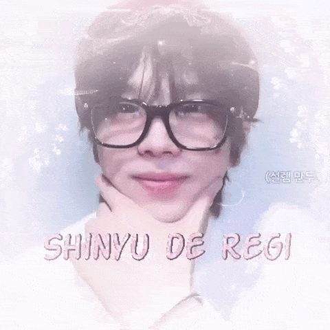 a close up of a person wearing glasses with the words shinyu de regi on the bottom .