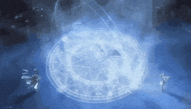 two people are standing in front of a blue circle that says ' i ' on it