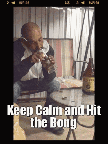 a man is smoking a bong with the words keep calm and hit the bong
