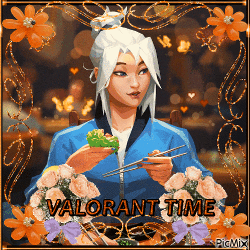 a cartoon of a woman eating with chopsticks and the words valorant time written below her