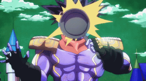 a cartoon character is holding a frying pan in front of his face .