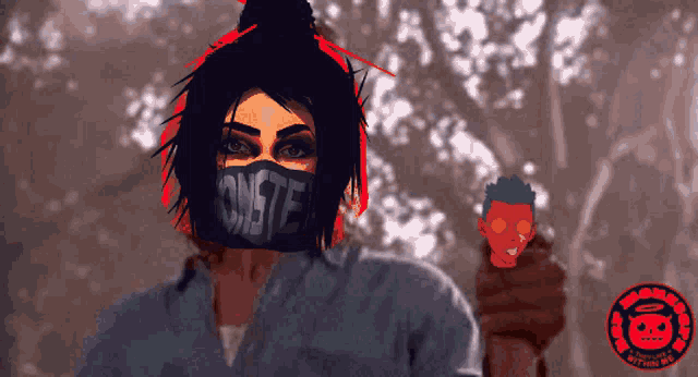 a drawing of a woman wearing a mask that says " oniste "