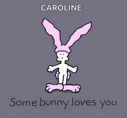 a drawing of a bunny with the name caroline written above it