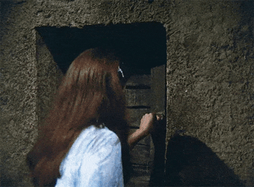 a woman is opening a wooden door in a stone wall .