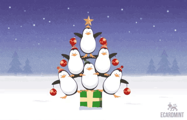 a christmas tree made out of penguins with ecardmint on the bottom