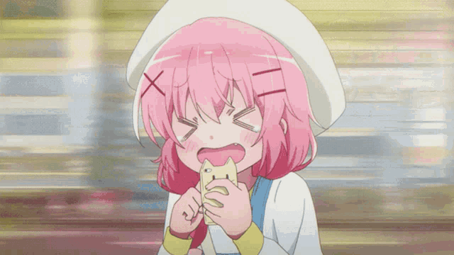 a girl with pink hair and a white hat eating a sandwich