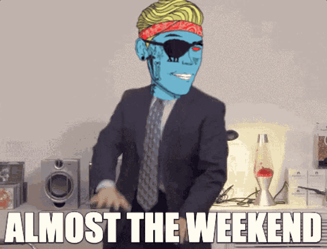 a man in a suit and tie is dancing with the words almost the weekend written below him