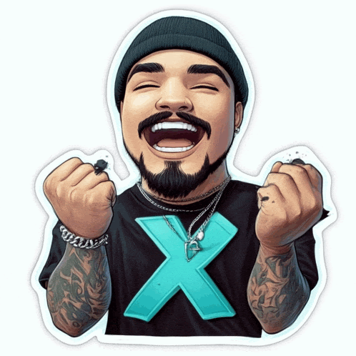 a cartoon of a man wearing a black shirt with a blue x on the front