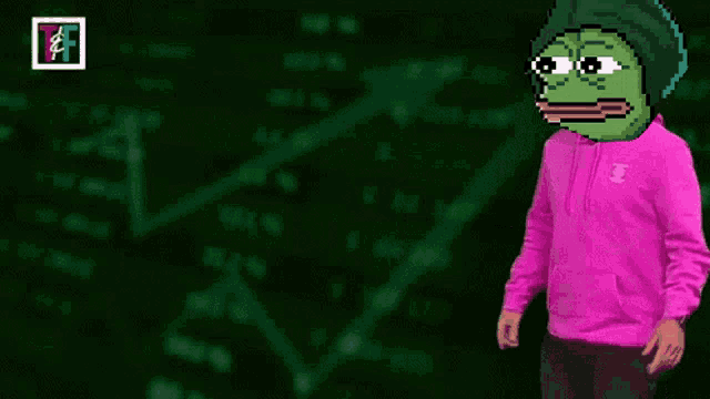a man in a pink hoodie is pointing at a green buy sign