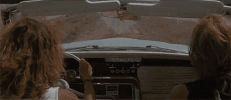 two women are holding hands while driving a car on a road .