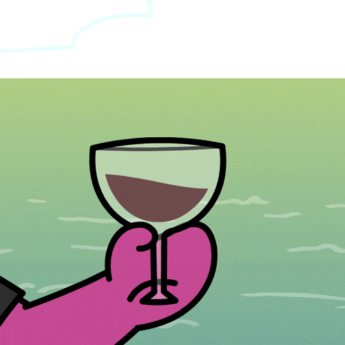 a cartoon drawing of a hand holding a wine glass with a green background