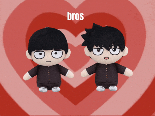 a couple of stuffed toys with the word bros on the bottom