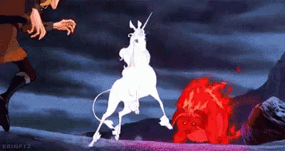 a unicorn is standing next to a lion in a cartoon scene .