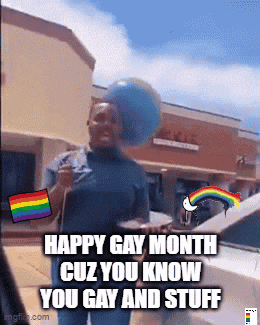 a picture of a woman with a rainbow and the words happy gay month cuz you know you gay and stuff on it