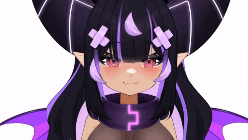 a purple and black anime character with a crescent moon on her head and the number 5 on her chest