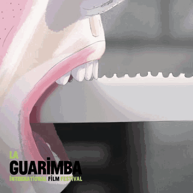 a poster for the guarimba international film festival shows a person biting into a piece of metal