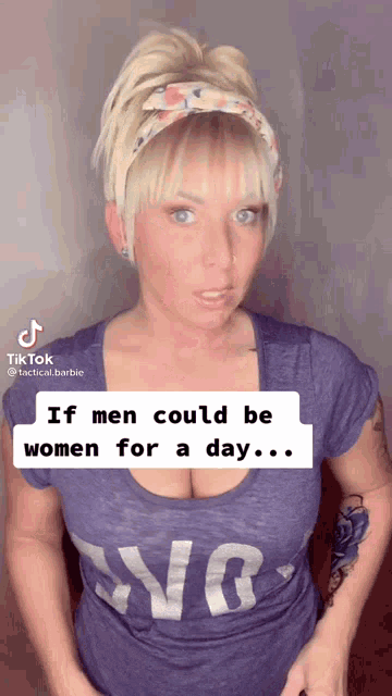 a woman wearing a purple shirt that says no