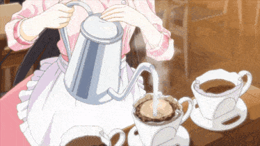 a woman pouring a cup of coffee from a kettle