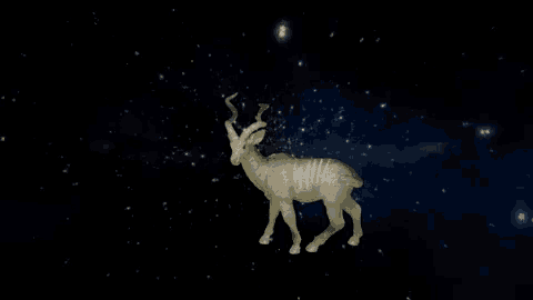 a statue of a deer is surrounded by stars in a dark space
