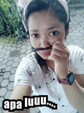 a woman wearing a headband and a watch is making a fake mustache with the words apa juuu written on the bottom