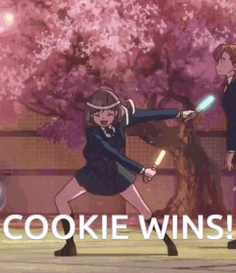 a girl in a school uniform is holding an ice cream cone with the words " cookie wins " above her
