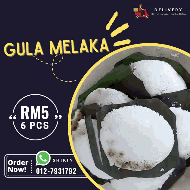 a delivery advertisement for gula melaka shows a picture of a plate of food