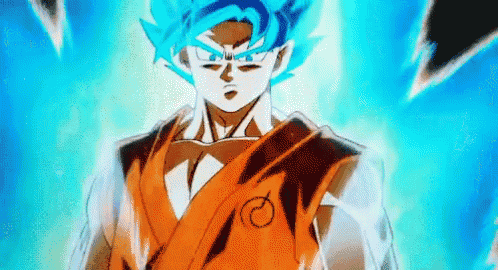 a close up of a cartoon character with blue hair and a red shirt .