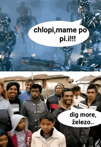 a group of people standing in front of a robot with a speech bubble that says " chlopi mame po pi !!! "