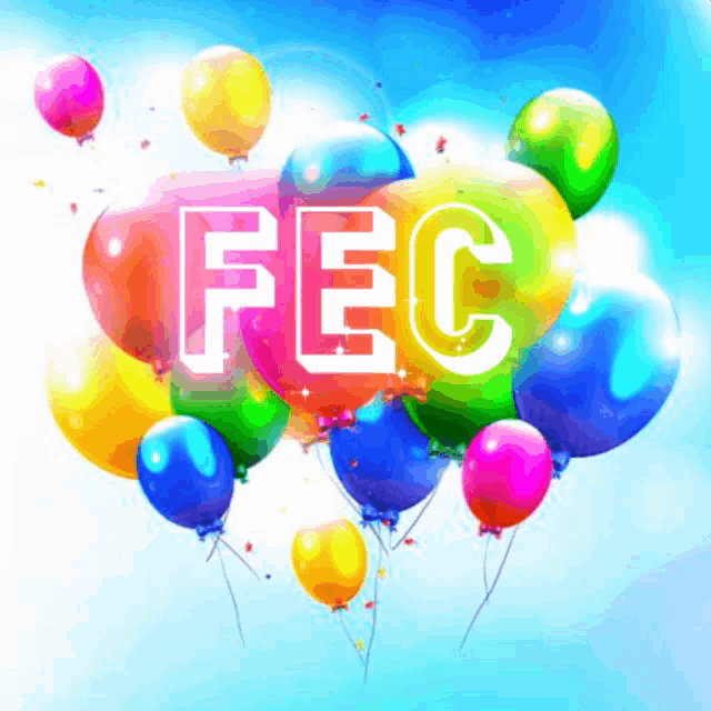 a bunch of colorful balloons with the word fec written on them