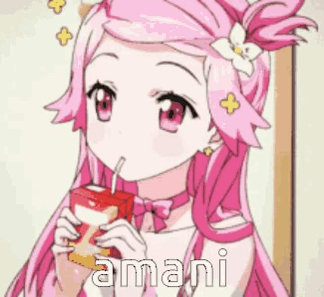 a girl with pink hair is drinking from a carton with a straw and the name amani is on the bottom
