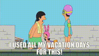 a group of cartoon characters are standing next to each other in front of a pool and talking about vacation days .