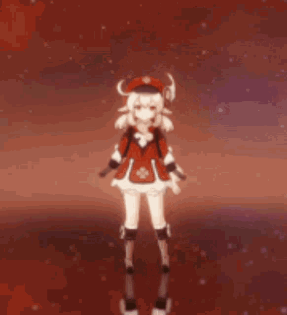 a girl in a red dress and hat is standing on a red surface .