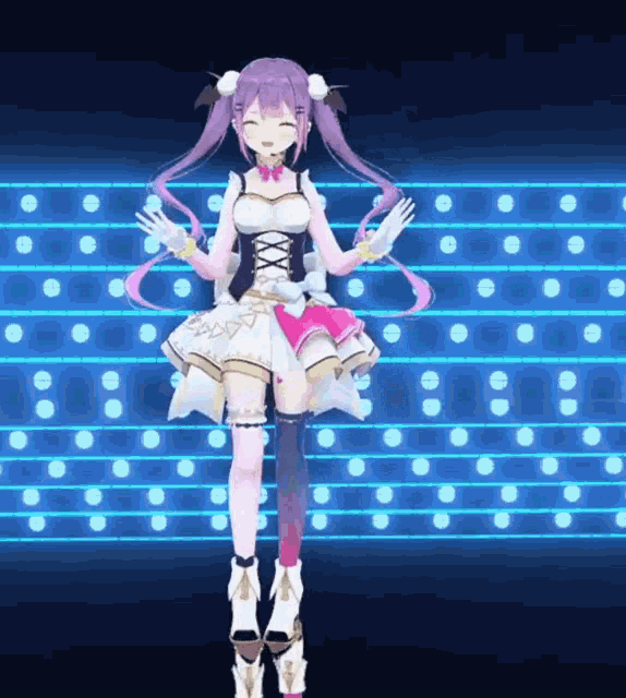 a girl with purple hair is standing in front of a blue background with dots