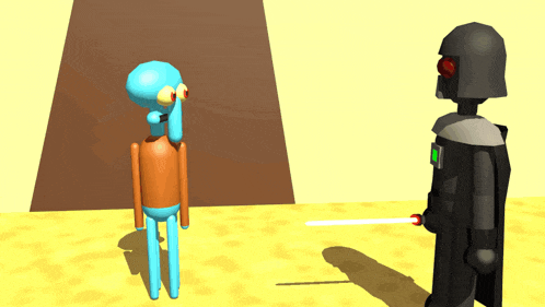 squidward and darth vader are standing next to each other on a sandy beach