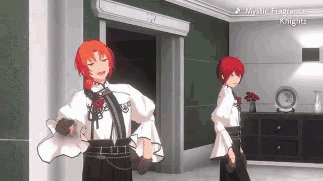 two anime characters in a room with the words mystic fragrance knights