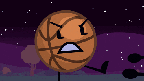 a basketball with an angry face and arms is standing in the dark