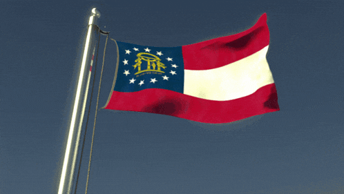 a red white and blue flag with the word georgia on it