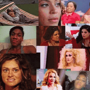 a collage of women 's faces including one of a woman laying on a hammock