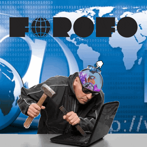 a man is holding a hammer in front of a laptop with the word horofo written on the top
