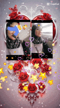 a picture of a woman in a hijab is surrounded by red roses and hearts and says capcut on the bottom