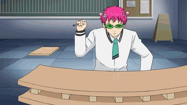 a cartoon of a man with pink hair and green glasses