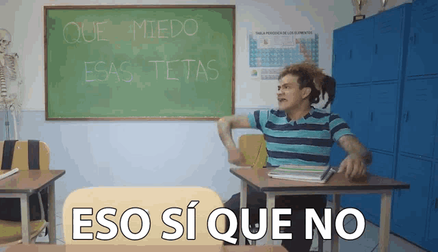 a man sits at a desk in front of a blackboard that says que miedo