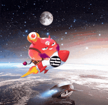 a cartoon character is flying on a rocket with the letter r on the side