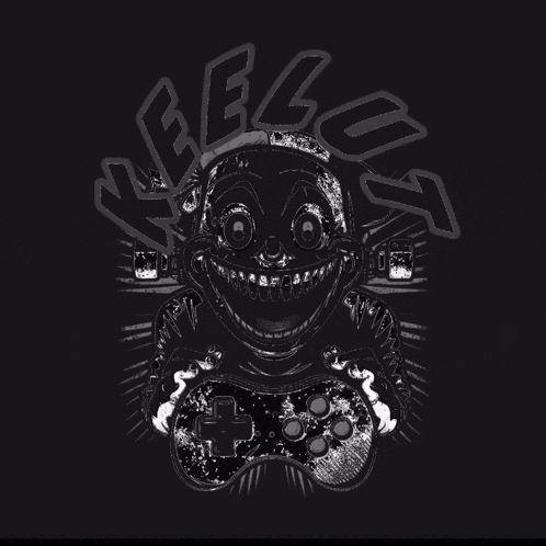a black and white drawing of a clown holding a video game controller with the words " feel y " on top