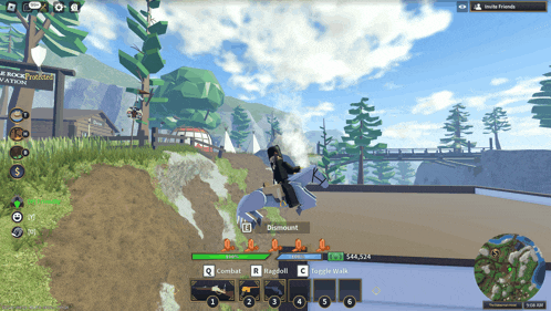 a screenshot of a video game shows a character named dismount