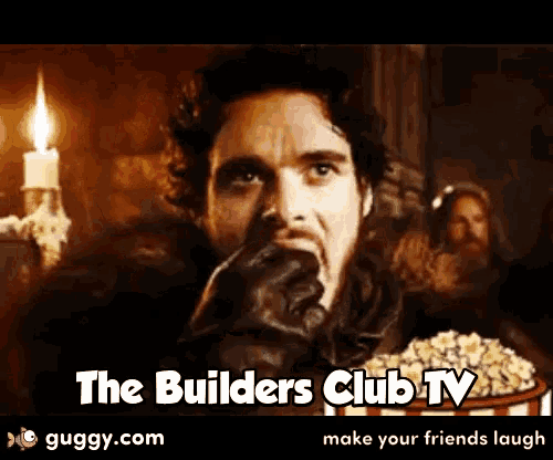 a picture of a man eating popcorn with the words the builders club tv at the bottom