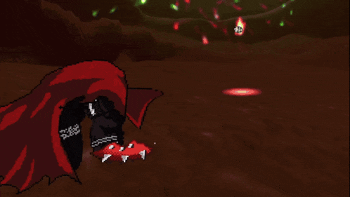 a pixel art drawing of a spawn character with a red cape