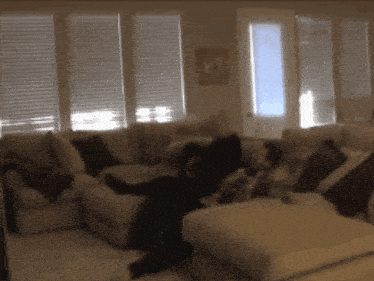 a blurred image of a living room with a couch and a door