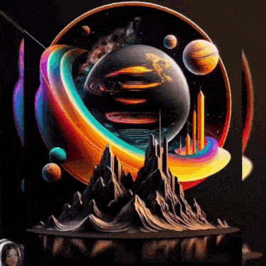 a colorful painting of a planet with mountains in the middle