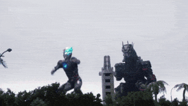 a giant robot is fighting a giant robot with lightning coming from it .